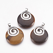 Natural Tiger Eye Pendants, with Platinum Tone Brass Findings, Flat Round, 32x28x6mm, Hole: 4x5mm(KK-F751-D01)