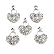 Alloy Rhinestone Pendants, Platinum Tone Heart Lock Charms, Crystal, 19.5x14.5x2.5mm, Hole: 2mm(ALRI-C007-45P)
