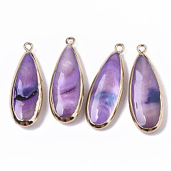 Natural Freshwater Shell Pendants, with Iron Loops, Edge Golden Plated, Dyed, Teardrop, Violet, 31~33x10.5~12x5mm, Hole: 1.8mm(X-SHEL-R047-03C)