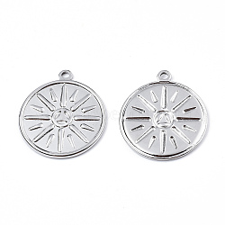 304 Stainless Steel Pendants, Flat Round with Sun, Stainless Steel Color, 29x25x2mm, Hole: 2mm(STAS-N098-074P)