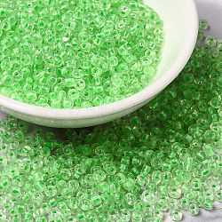 12/0 Transparent Glass Seed Beads, Inside Colours, Round Hole, Round, Lime, 1.5~2mm, Hole: 1mm, about 450g/bag(SEED-F003-03C-13)