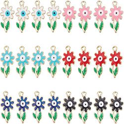 SUPERFINDINGS 24Pcs 6 Colors Rack Plating Alloy Enamel Pendants, Cadmium Free & Nickel Free & Lead Free, Light Gold, Flower with Evil Eye, Mixed Color, 25.5x14x3.5mm, Hole: 2mm, 4pcs/color(ENAM-FH0001-31)