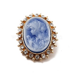 Resin Women Cameo Brooches, Alloy Rhinestone Lapel Pin, Cadmium Free & Lead Free, Oval, Cornflower Blue, 32.5x25.5x7mm, Pin: 0.6mm.(JEWB-P013-11G)