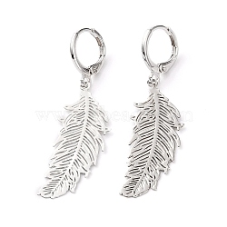 304 Stainless Steel Leverback Earrings, with Brass Feather Pendants, Platinum & Stainless Steel Color, 1-7/8 inch(47mm), Pin: 0.8mm(EJEW-JE04419)