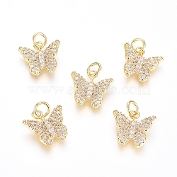 Brass Micro Pave Cubic Zirconia Pendants, Long-Lasting Plated, with Jump Ring, Butterfly, Clear, Real 18K Gold Plated, 13x13x2.5mm, Hole: 3mm(ZIRC-G166-30G)
