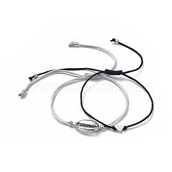 Adjustable Nylon Thread Braided Bead Bracelet Sets, with Brass Heart Bead Bracelets and 304 Stainless Steel Cowrie Shell Pendant Bracelets, Platinum, 3-5/8 inch(92mm), 3-7/8 inch(100mm), 2pcs/set(BJEW-JB05039-02)