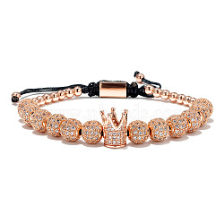 Vintage Brass Micro Pave Cubic Zirconia Crown & Round Braided Bead Adjustable Bracelets, Rose Gold(EO2719-4)