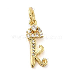 Brass Micro Pave Cubic Zirconia Pendants, with Jump Ring, Letter K, 17.5x6x2mm, Ring: 6x1mm, Inner Diameter: 4mm(KK-M273-01G-K)