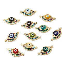 Evil Eye Lampwork Connector Charms, with Real 18K Gold Plated Brass Pave Colorful Cubic Zirconia Findings, Cadmium Free & Lead Free, Mixed Color, 27.5x13x4.7mm, Hole: 1mm(LAMP-E034-03G)