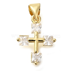 Brass Pave Clear Cubic Zirconia Pendants, Cross Charms, with Jump Ring, Real 16K Gold Plated, 16x12x3mm, Hole: 3.5mm(KK-M101-05G-08)