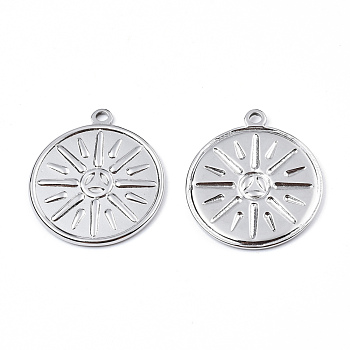 201 Stainless Steel Pendants, Flat Round with Sun, Stainless Steel Color, 29x25x2mm, Hole: 2mm