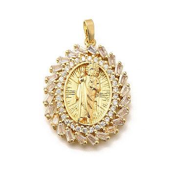 Religion Themed Rack Plating Brass Micro Pave Cubic Zirconia Pendants, Long-Lasting Plated, Lead Free & Cadmium Free, Mixed Shape Charms, Oval, 32x24.5x4.5mm, Hole: 5x3mm