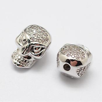 Brass Micro Pave Grade AAA Cubic Zirconia Beads, Skull, Lead Free & Nickel Free & Cadmium Free, Real Platinum Plated, 13x9x9mm, Hole: 2mm