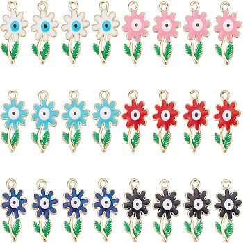 SUPERFINDINGS 24Pcs 6 Colors Rack Plating Alloy Enamel Pendants, Cadmium Free & Nickel Free & Lead Free, Light Gold, Flower with Evil Eye, Mixed Color, 25.5x14x3.5mm, Hole: 2mm, 4pcs/color