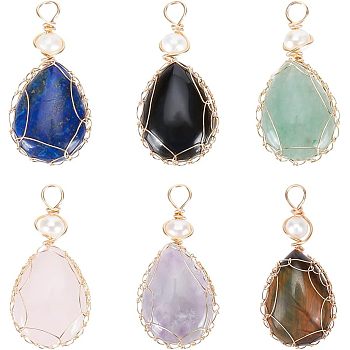 Nbeads 6Pcs 6 Styles Natural Gemstone Copper Wire Wrapped Pendants, Natural Lapis Lazuli & Tiger Eye & Rose Quartz & Amethyst & Obsidian & Green Aventurine, with Cultured Freshwater Pearl, Teardrop, Real 18K Gold Plated, 38~43x19~19.5x8~8.5mm, Hole: 3.5~3.8mm, 1pc/style