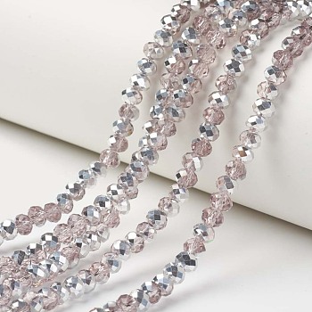 Electroplate Transparent Glass Beads Strands, Half Silver Plated, Faceted, Rondelle, Pink, 4x3mm, Hole: 0.4mm, about 130pcs/strand, 16.54 inch(42cm)