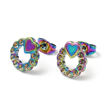 Ion Plating(IP) 304 Stainless Steel Stud Earring Findings, Earring Settings for Rhinestone, Ring with Heart, Rainbow Color, 11x10mm, Pin: 0.7mm, Fit for Rhinestone: 1.5mm