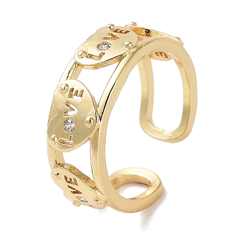 Rack Plating Brass Pave Clear Cubic Zirconia OPen Cuff Rings, Cadmium Free & Lead Free, Long-Lasting Plated, Heart with Word Love, Real 18K Gold Plated, Inner Diameter: Adjustable