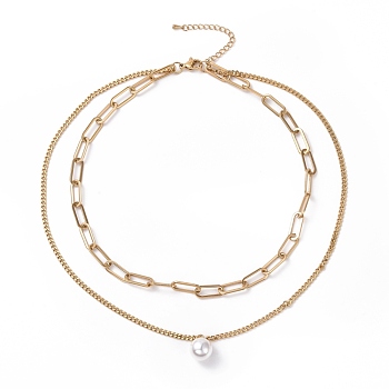 Vacuum Plating 304 Stainless Steel Double Chains Multi Layered Necklaces Necklace with Plastic Pearl Charm for Women, Golden, 16.34 inch(41.5cm)
