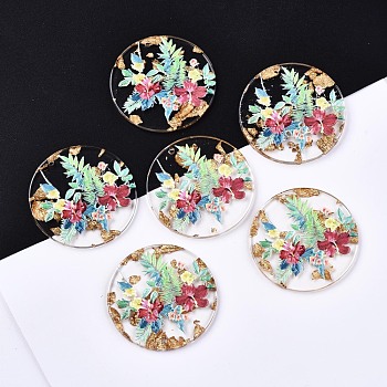 Transparent Epoxy Resin Pendants, with Gold Foil, 3D Printed, Flat Round with Flower Pattern, Colorful, 39~40x3mm, Hole: 1.6mm