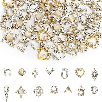 CHGCRAFT Alloy Rhinestone Cabochons, with Enamel and with ABS Plastic Imitation Pearl Beads, Nail Art Decoration Accessories, Mixed Shapes, Light Gold, 6~10x4.5~11x2~4mm, 60pcs/box