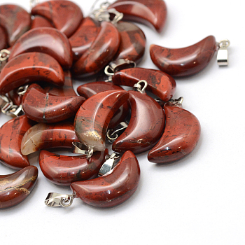 Moon Natural Red Rainbow Jasper Pendants, with Platinum Tone Brass Findings, 21~24x12~14x5~6mm, Hole: 2x7mm