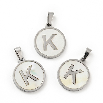 304 Stainless Steel with White Shell Pendants, Stainless Steel Color, Flat Round with Letter Charm, Letter.K, 18x16x1.5mm, Hole: 3x6mm