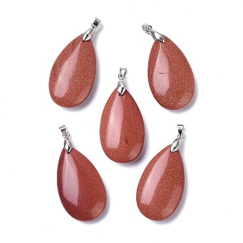 Synthetic Goldstone Pendants, with Brass Finding, Teardrop, 35x20x7.5~9mm, Hole: 4x3.5mm