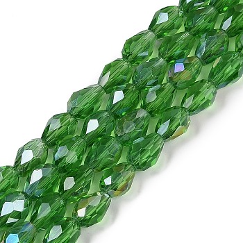 Transparent Electroplate Glass Beads Strands, AB Color Plated, Faceted, Teardrop, Green, 6x4mm, Hole: 0.9mm, about 65~67pcs/strand, 15.35~16.4''(39~41cm)