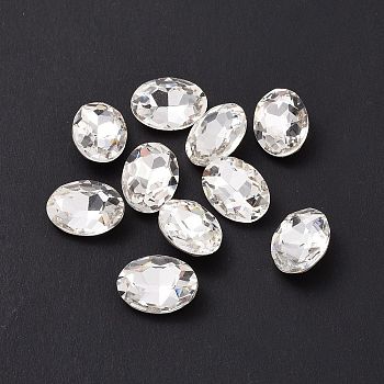Glass Rhinestone Cabochons, Pointed Back & Silver Back Plated, Oval, Crystal, 14x10x5mm