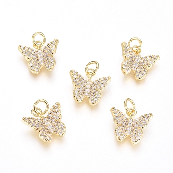 Brass Micro Pave Cubic Zirconia Pendants, Long-Lasting Plated, with Jump Ring, Butterfly, Clear, Real 18K Gold Plated, 13x13x2.5mm, Hole: 3mm