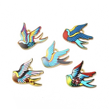 Rack Plating Alloy Pendants, Printed, Lead Free & Cadmium Free & Nickel Free, Bird Charm, Light Gold, Mixed Color, 20.5x21x1.5mm, Hole: 1.8mm