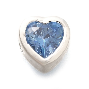 925 Sterling Silver Cubic Zirconia Beads, Heart, with 925 Stamp, Silver Color Plated, Cornflower Blue, 6.5x6.5x4.5mm, Hole: 1.5mm