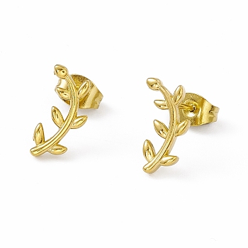 Vacuum Plating 304 Stainless Steel Tiny Leafy Branch Stud Earrings for Women, Golden, 13x6.5mm, Pin: 0.8mm