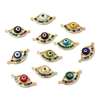 Evil Eye Lampwork Connector Charms, with Real 18K Gold Plated Brass Pave Colorful Cubic Zirconia Findings, Cadmium Free & Lead Free, Mixed Color, 27.5x13x4.7mm, Hole: 1mm