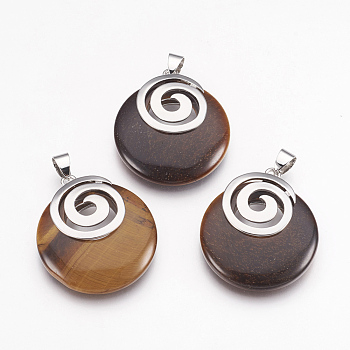 Natural Tiger Eye Pendants, with Platinum Tone Brass Findings, Flat Round, 32x28x6mm, Hole: 4x5mm