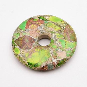 Synthetic Silver Line and Regalite/Imperial Jasper/Sea Sediment Jasper Big Pendants, Donut/Pi Disc, Yellow Green, Donut Width: 20mm, 50x8mm, Hole: 10mm