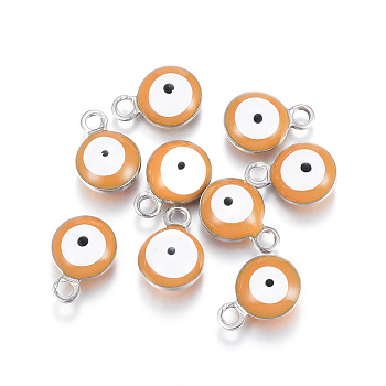 304 Stainless Steel Enamel Charms, Flat Round with Evil Eye, Stainless Steel Color, Orange, 8.5x6x4mm, Hole: 1mm