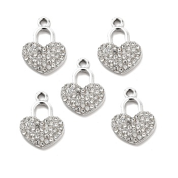 Alloy Rhinestone Pendants, Platinum Tone Heart Lock Charms, Crystal, 19.5x14.5x2.5mm, Hole: 2mm