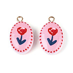 Printed Acrylic Pendants, Oval & Flower Charms, with Brass Finding, Pink, 24x14.5~15x7.5~8mm, Hole: 2mm(OACR-T030-48)