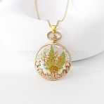 Alloy & Resin Dried Flower Pendant Necklaces, Flat Round, Golden, Yellow, 17.72 inch(45cm)(WG445DE-06)