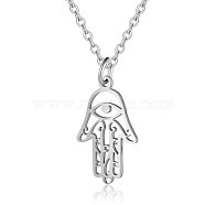 201 Stainless Steel Pendant Necklaces, with Cable Chains, Hamsa Hand/Hand of Fatima/Hand of Miriam, Stainless Steel Color, 15.7 inch(40cm), 1.5mm, Hand: 21x13x1mm(NJEW-T009-JN135-40-1)
