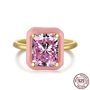 925 Sterling Silver Rings, Birthstone Ring, Real 18K Gold Plated, with Enamel & Cubic Zirconia for Women, Rectangle, Pink, 1.9mm, US Size 7(17.3mm)(RJEW-A019-43B-01G)