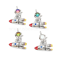 Brass Glass Pendants, Platinum, Long-Lasting Plated, Lead Free & Nickel Free & Cadmium Free, Astronaut with Rocket, Mixed Color, 26x22x6mm, Hole: 2x3.5mm(KK-C223-18P)