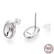 Rhodium Plated 925 Sterling Silver Stud Earrings, Oval, Nickel Free, with S925 Stamp, Real Platinum Plated, 9.5x6.5mm, Pin: 0.8mm(STER-T004-38P)