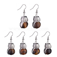 Natural Tiger Eye Owl Dangle Earrings, Platinum Brass Jewelry for Women, 41mm, Pin: 0.6mm(EJEW-A092-08P-12)