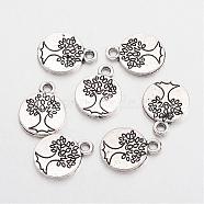 Tibetan Style Alloy Flat Round with Tree Charms, Cadmium Free & Lead Free, Antique Silver, 14.8x11.5x1.5mm, Hole: 2mm(X-TIBEP-Q043-313-RS)
