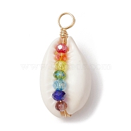 Natural Shell Copper Wire Wrapped Pendants, Shell Shaped Charms with Colorful Glass Beads, Golden, 27x13x9.5mm, Hole: 3.5mm(PALLOY-JF02317)