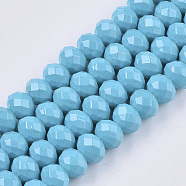 Opaque Spray Painted Glass Beads Strands, Faceted, Rondelle, Light Sky Blue, 8x6mm, Hole: 1.2mm, about 68~72pcs/strand, 15.94 inch~17.52 inch(X-DGLA-T001-005C)