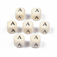 Printed Natural Wood Beads, Horizontal Hole, Cube with Initial Letter, PapayaWhip, Letter.A, 10x10x10mm, Hole: 3.5mm, about 1000pcs/500g(WOOD-T026-001A)